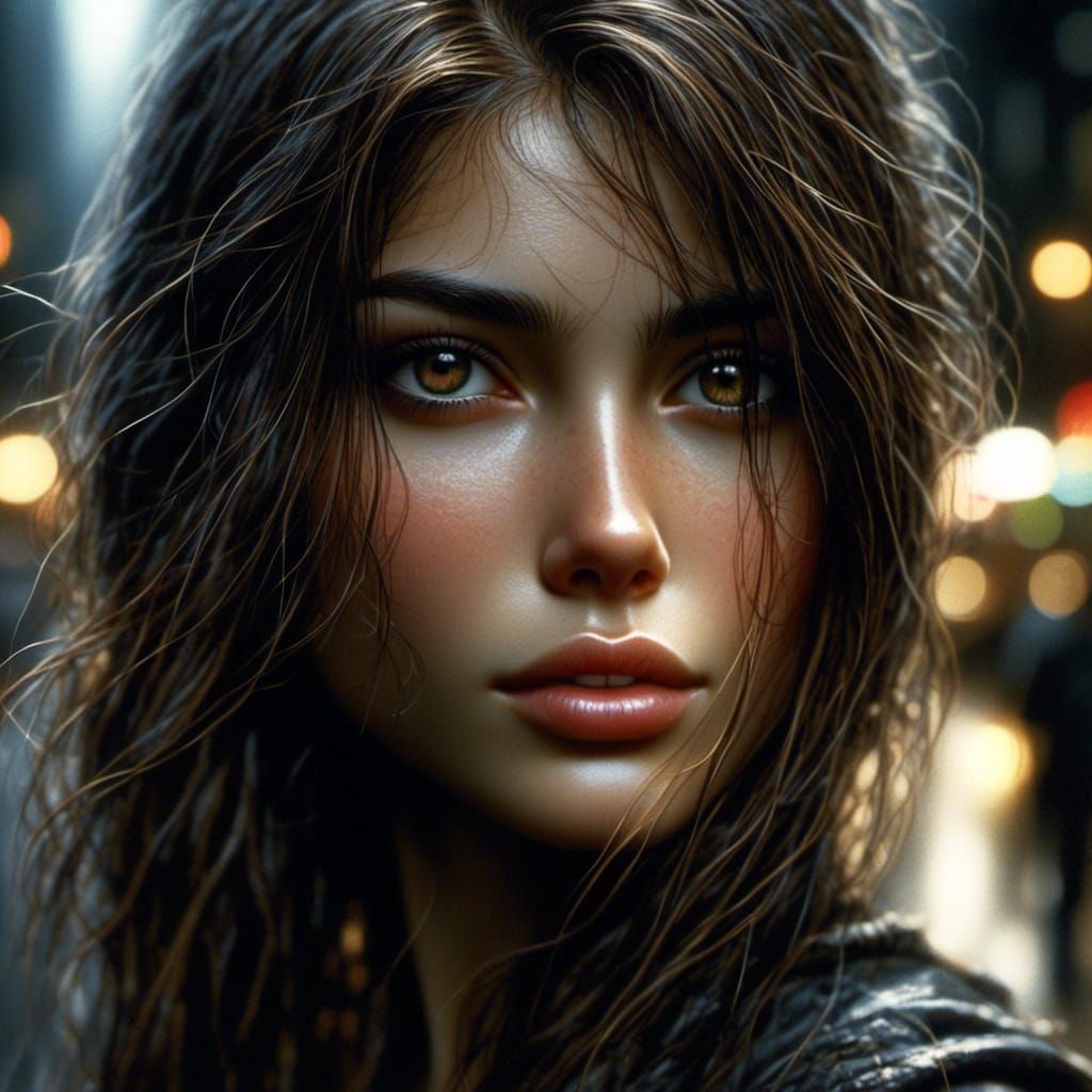 Ash-Brown Haired Woman in City Street by Luis Royo