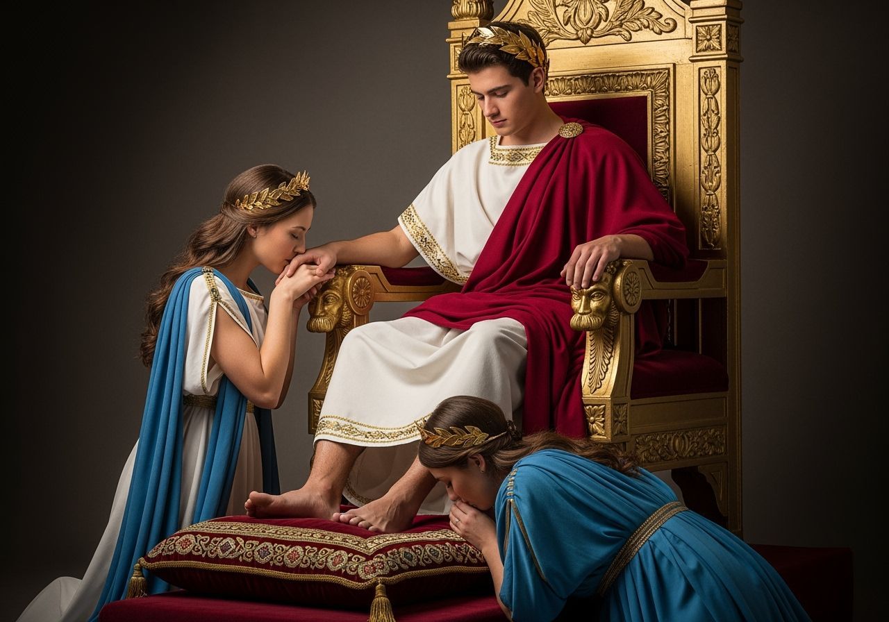 Barefoot Roman Emperor on Gold Throne, Professional Photogra...