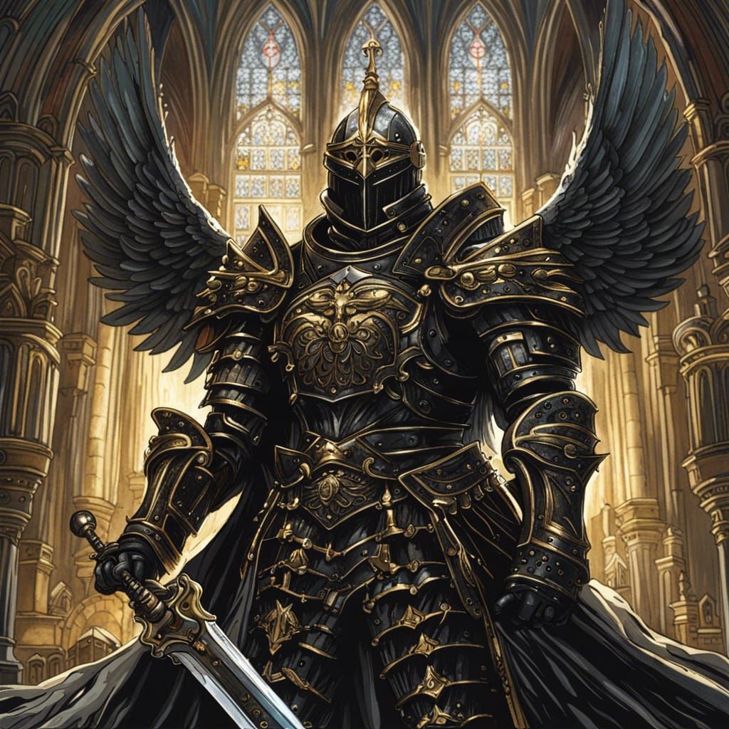 Steampunk Knight with Angel Wings in Gothic Church