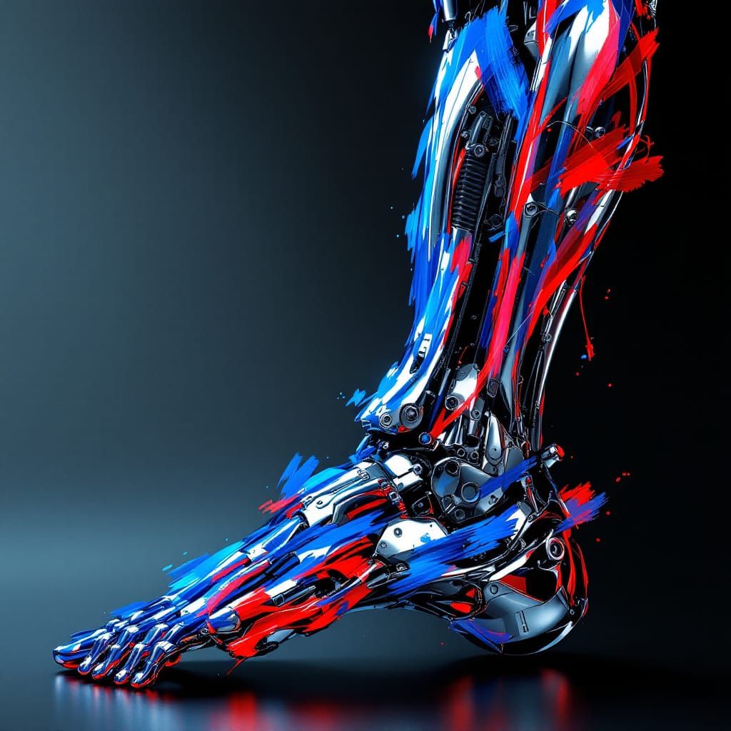 Hyperrealistic Mechanical Leg with Electric Blue and Red Acc...
