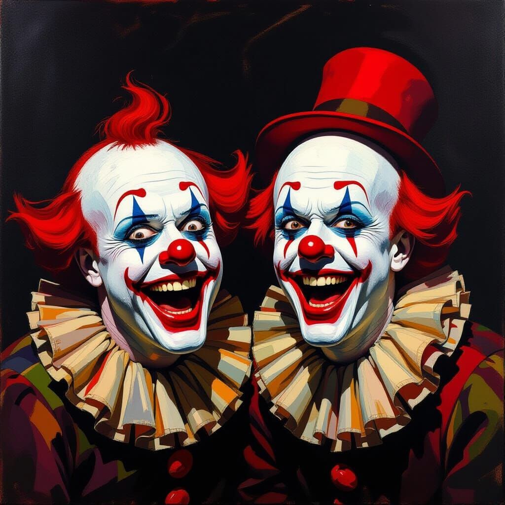 Two Clowns Expressing Joy and Sorrow in Expressionist Style