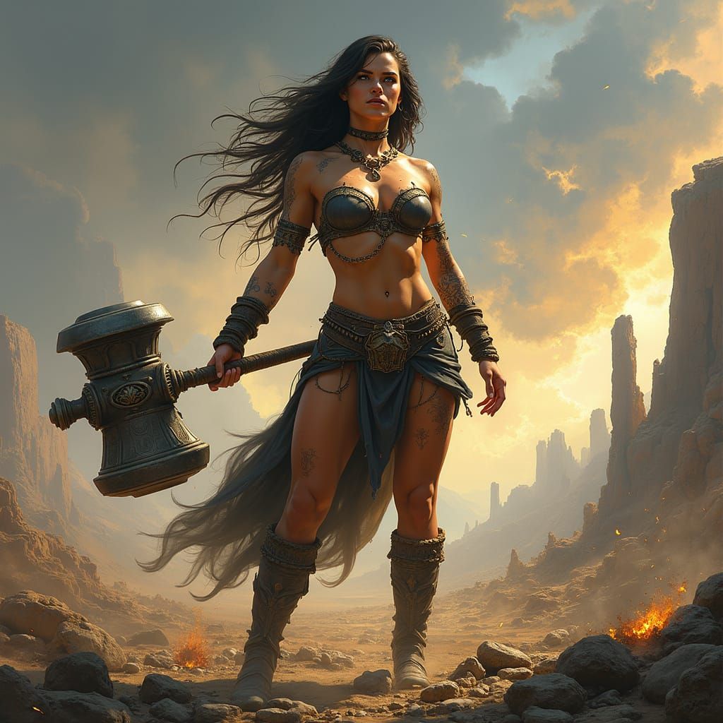 Statuesque Warrior Wields Warhammer on Battlefield