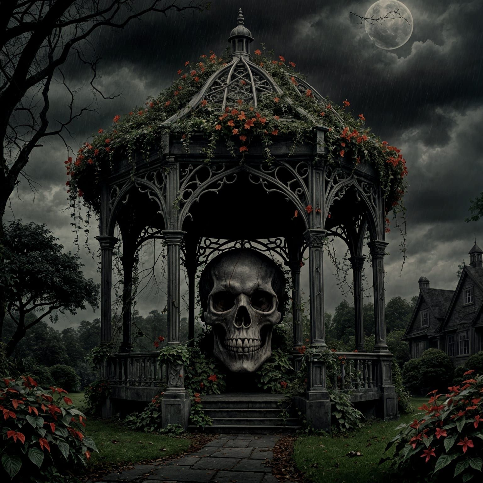 Skull Gazebo in Dark Fantasy Tim Burton Style