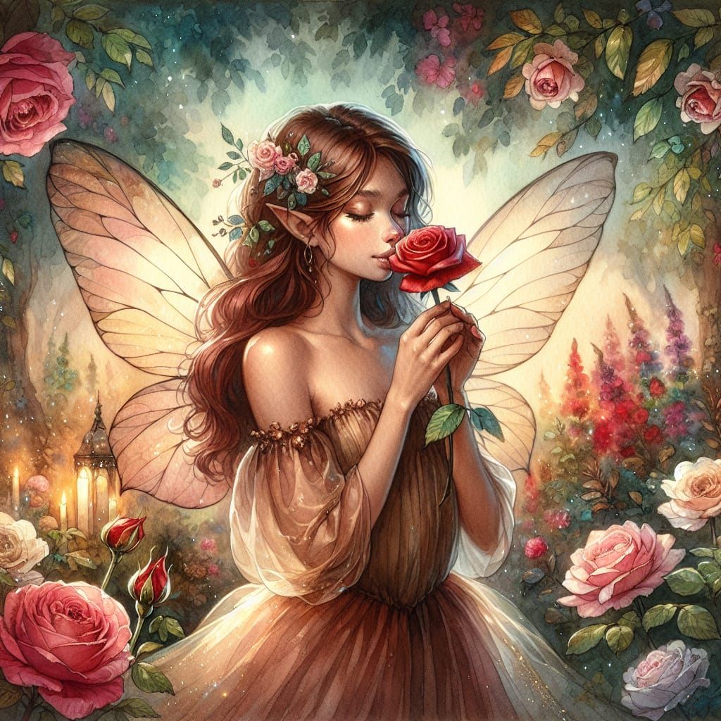 Enchanting Fairy Smelling a Rose in Watercolor Garden