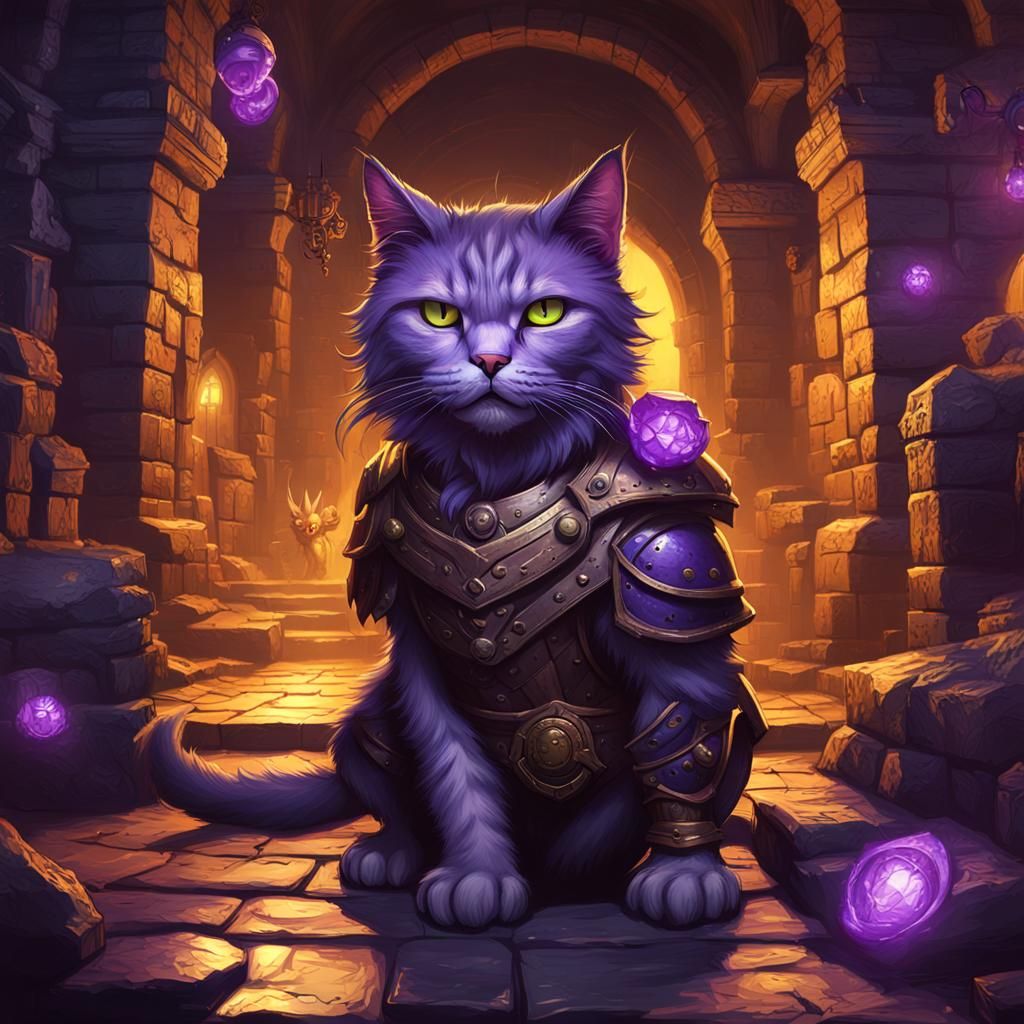 Cat Fighting Monsters in Dark Fantasy Dungeon