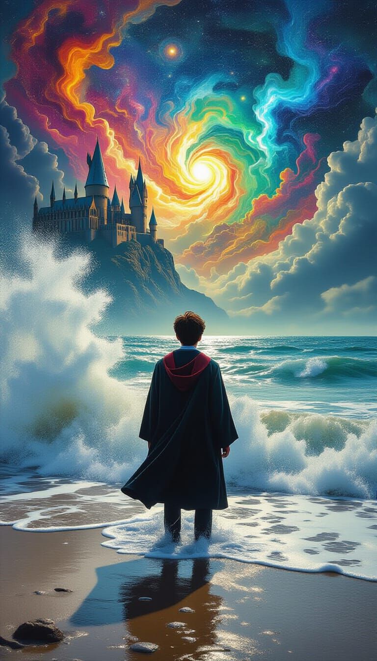 Wizard on a Beach in Surrealist Style