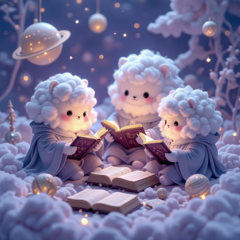 Cloud Creatures Studying Cosmic Tomes in Ethereal Light