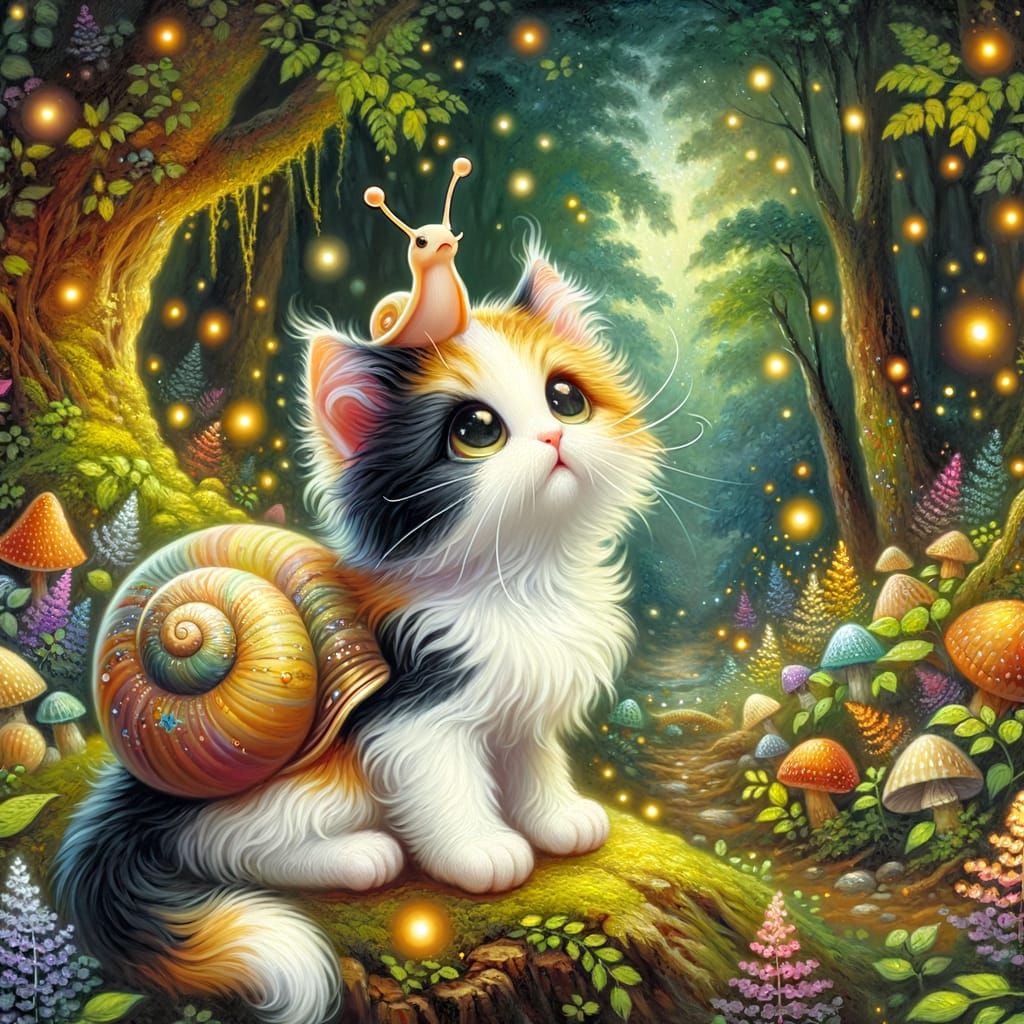 Calico Kitten and Snail in Enchanted Forest Oil Painting