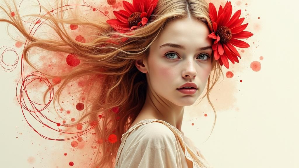 Ethereal Portrait with Red Floral Accents