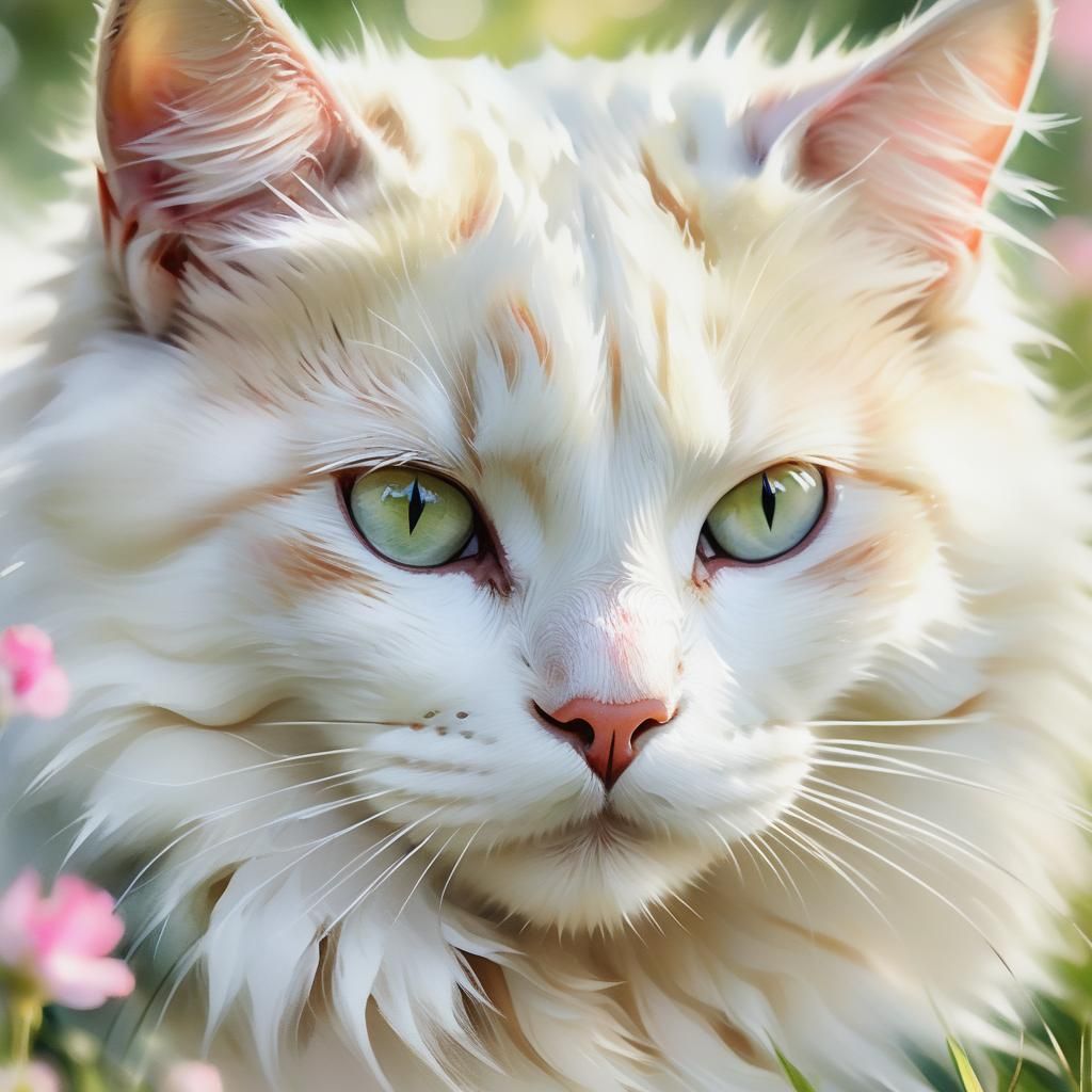Impressionistic Cat Portrait in Sunlit Meadow