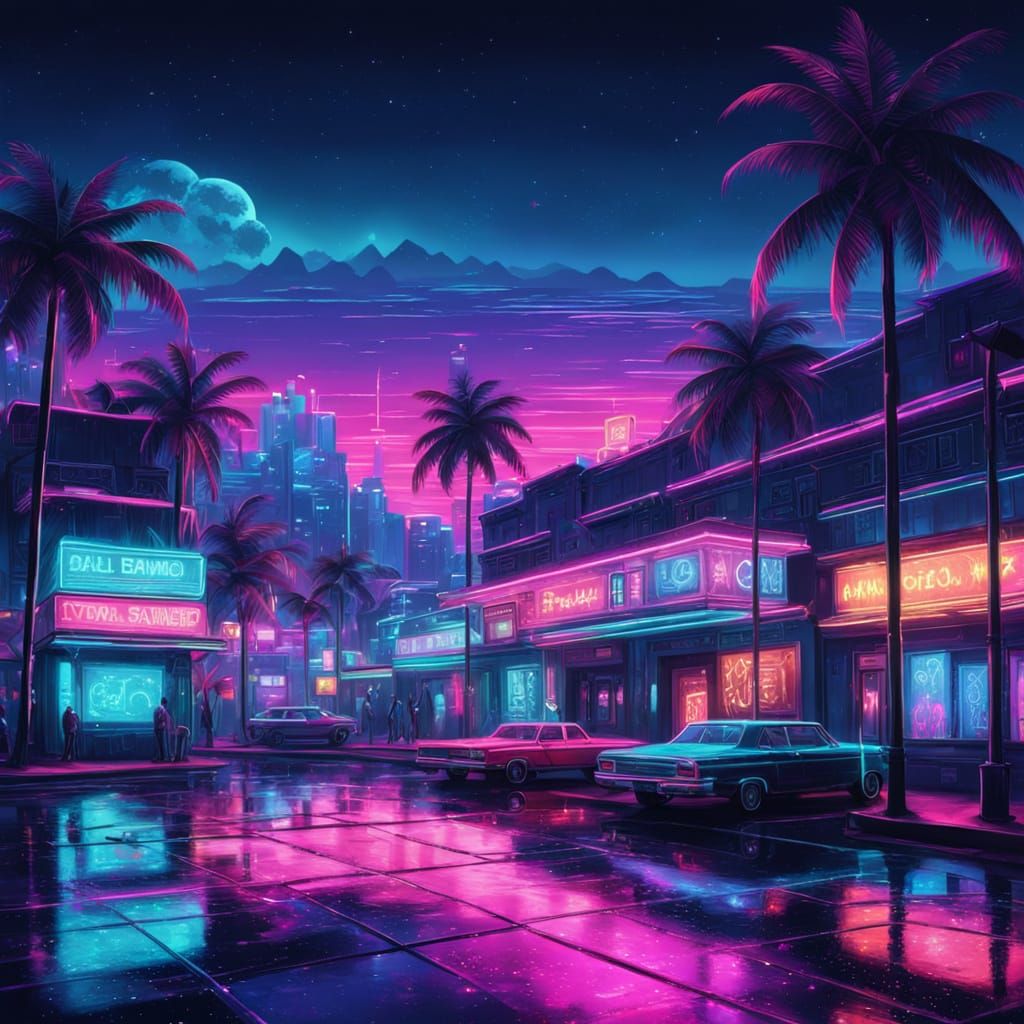 Vibrant Night Seaside Boulevard in Art Deco Style