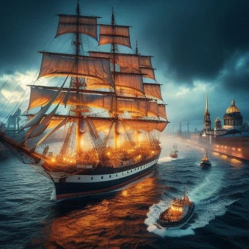 Majestic Tall Ship Sails into Golden Harbor