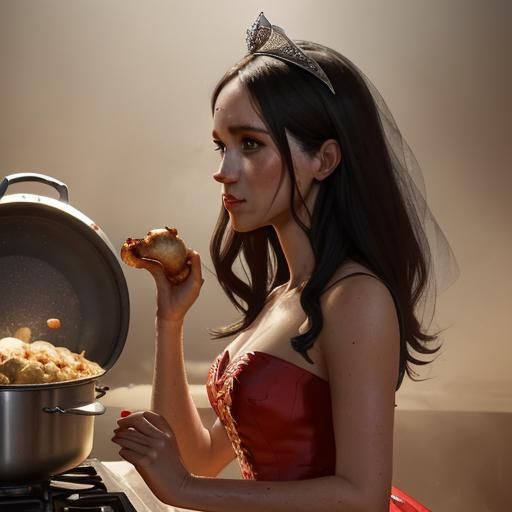 Hyperrealistic Woman in Gown Cooking Dinner