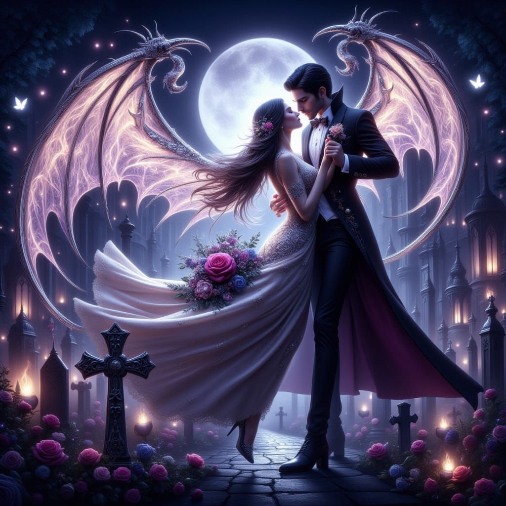 Vampire and Angel Dance in Luminous Graveyard