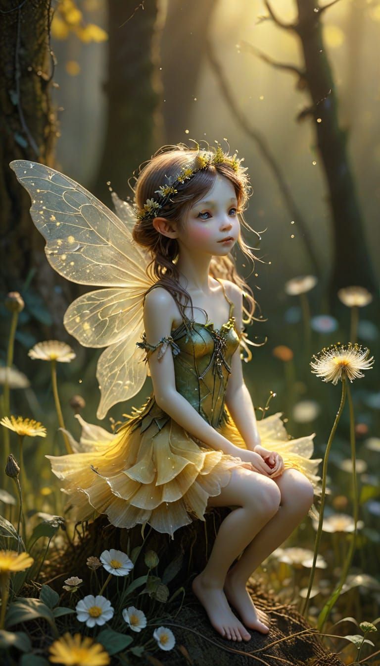 Surreal Fairy Portrait on Vibrant Dandelion in Macro Photogr...