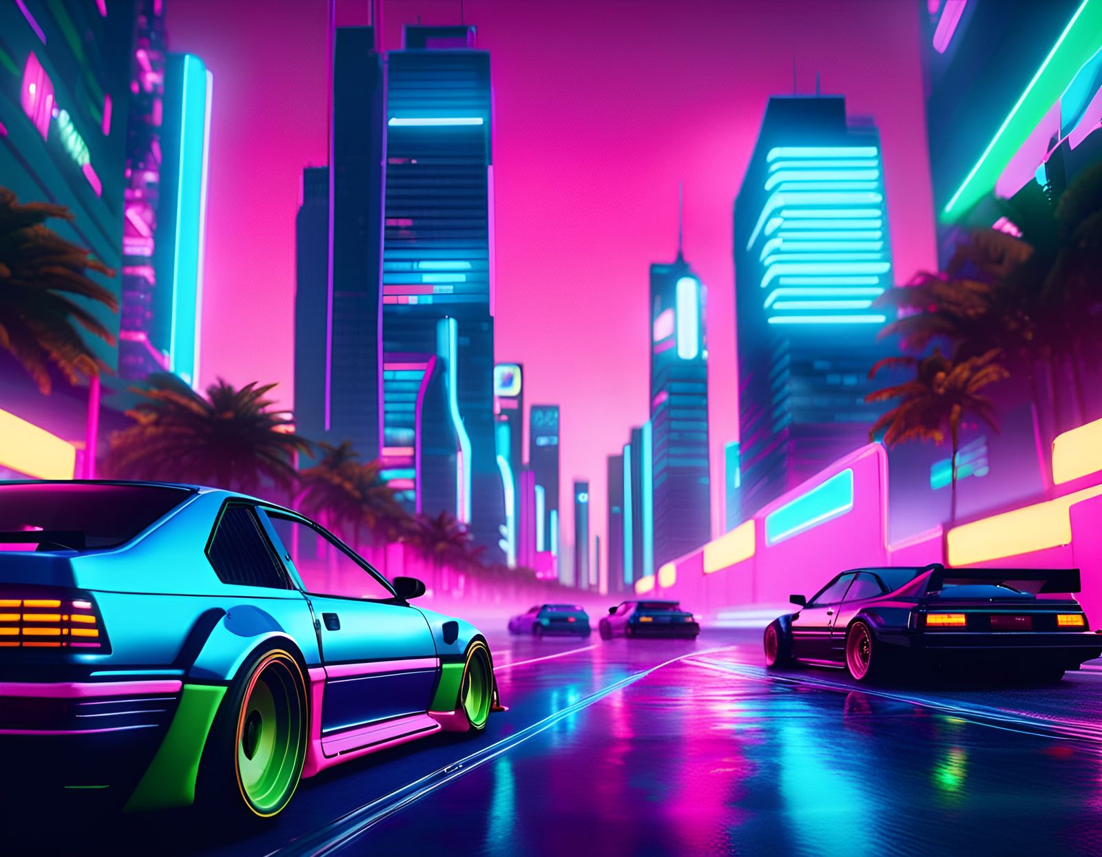 Retrowave Cityscape From Racing Game in Neon Colors
