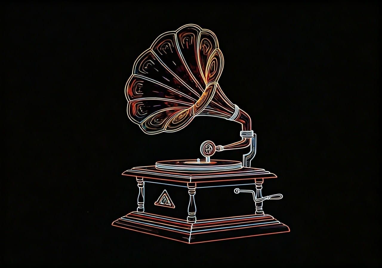 Art Deco Gramophone in Neon Cosmic Dreamscape