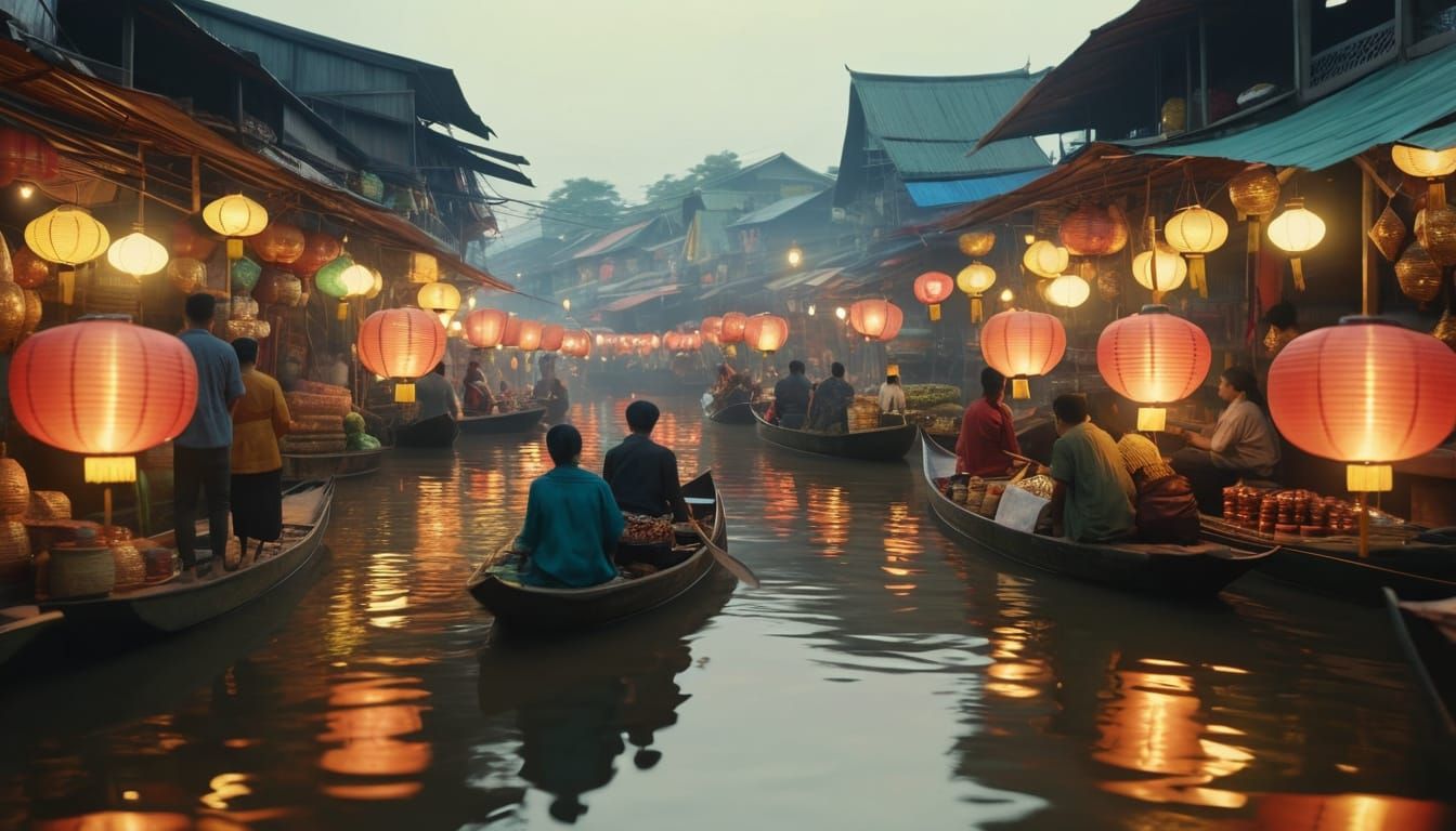 Floating Market Illuminated by Levitating Lanterns