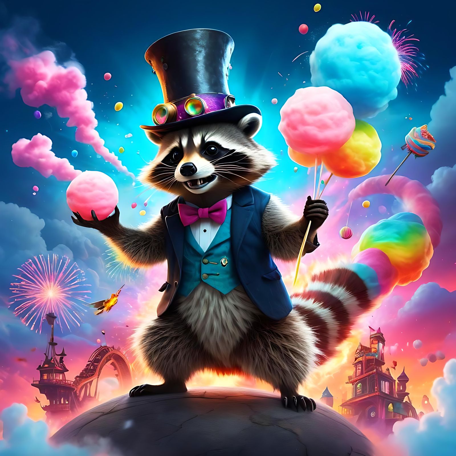 Glittery Raccoon Rides Dragon Through Carnival