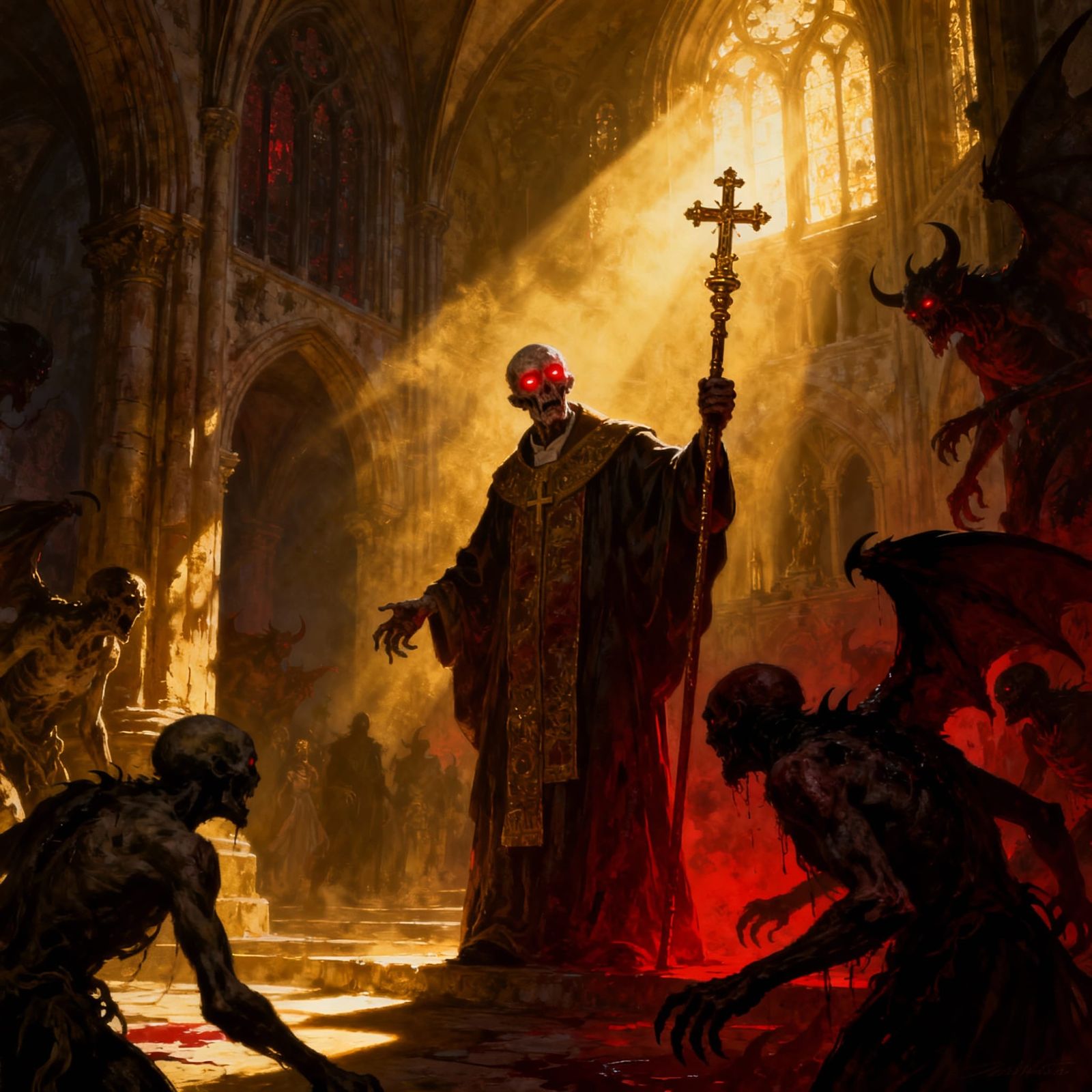 Zombie Priest with Demonic Figures in Dramatic Lighting