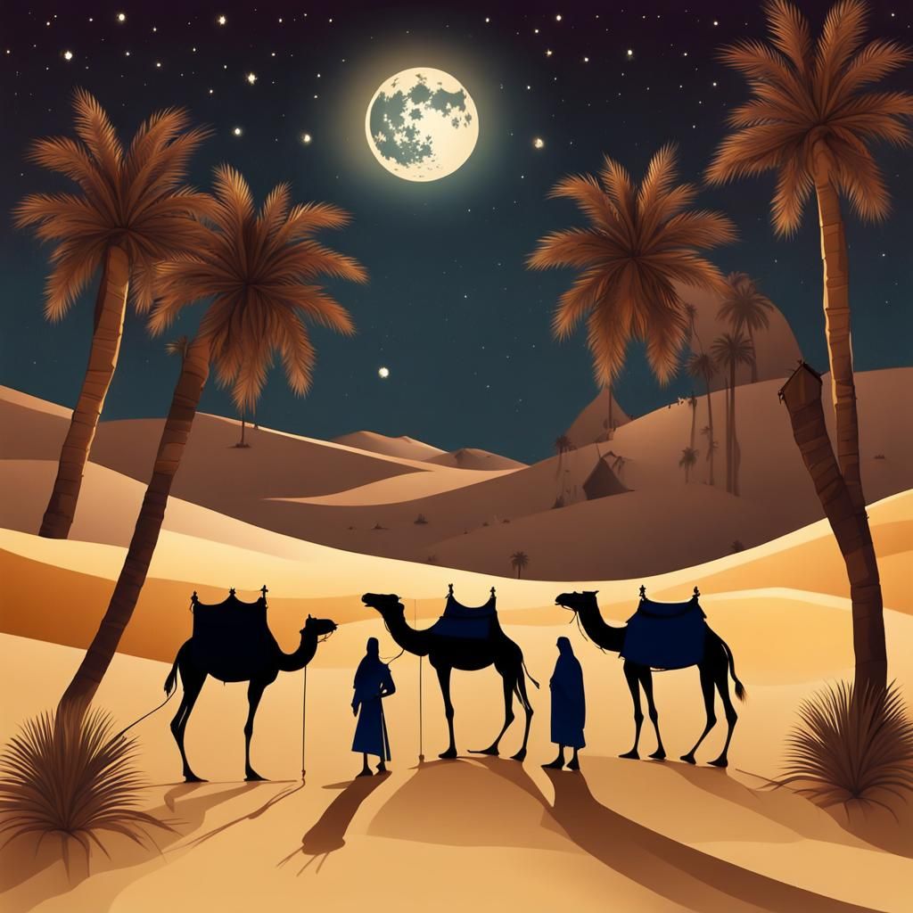 Serene Desert Night with Camel Caravan