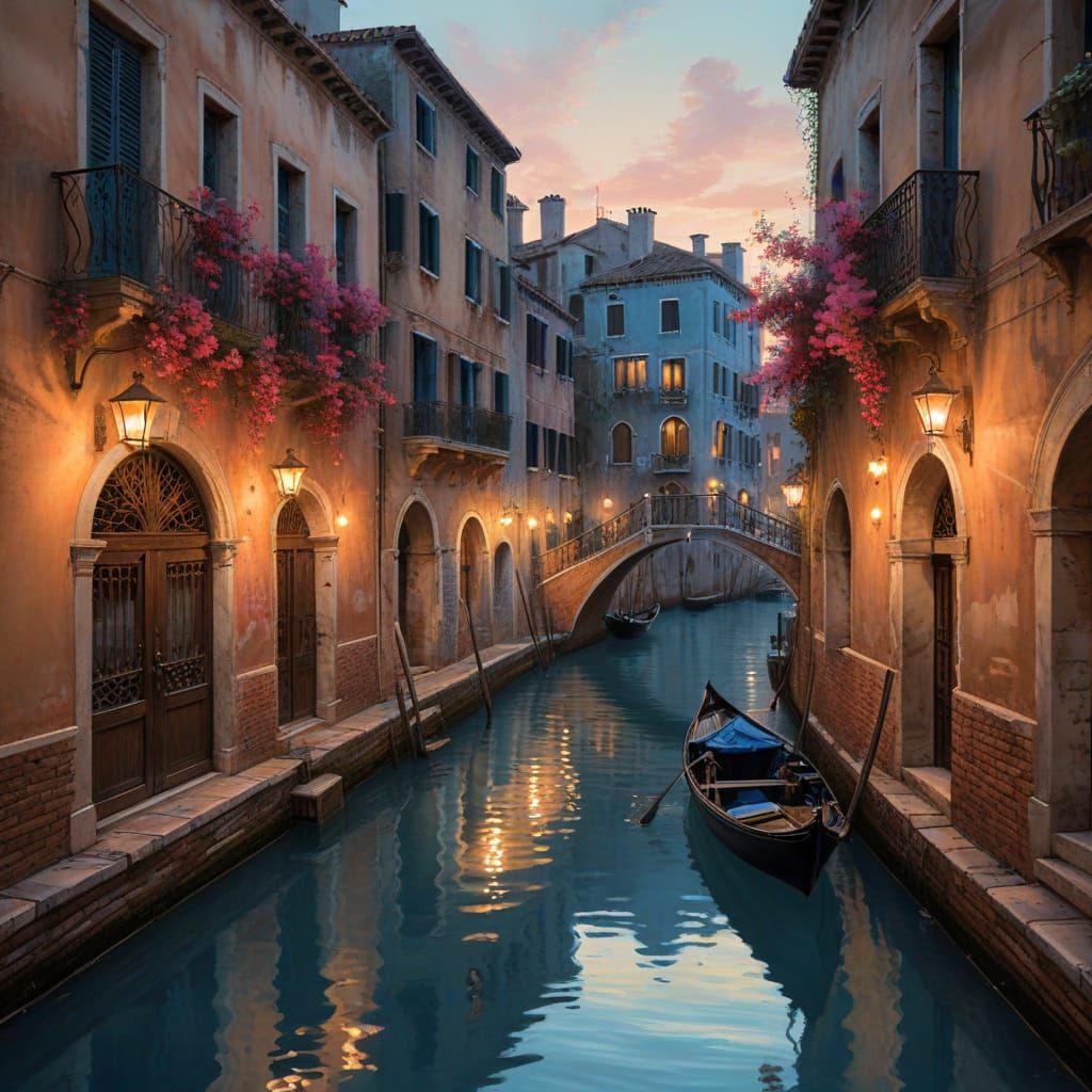Romantic Venetian Canal at Twilight in Impressionistic Style