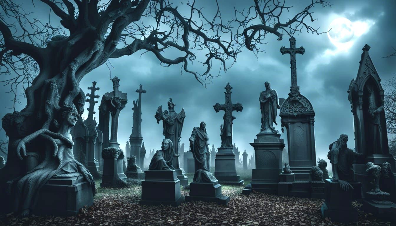 Eerie Gothic Graveyard with Statues and Twisted Trees