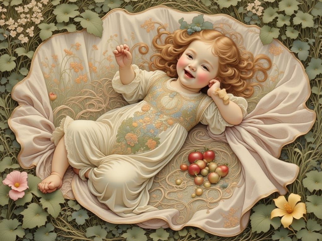Whimsical Baby in Garden Scene, in Art Nouveau Style
