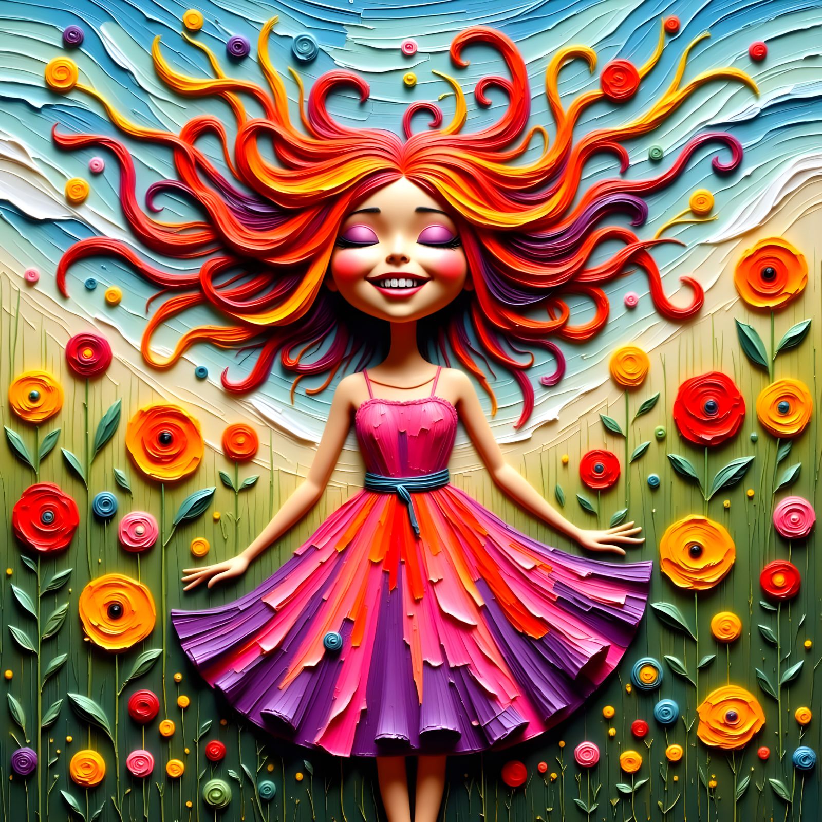 Joyful Girl Dancing in Flowery Meadow: Impasto