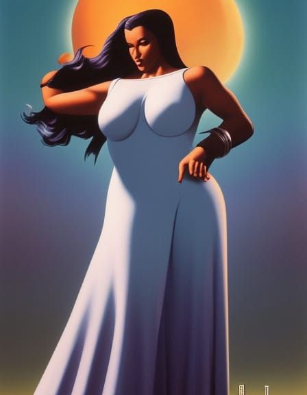 Colossal Woman Statue Worshipped in Cosmic Setting