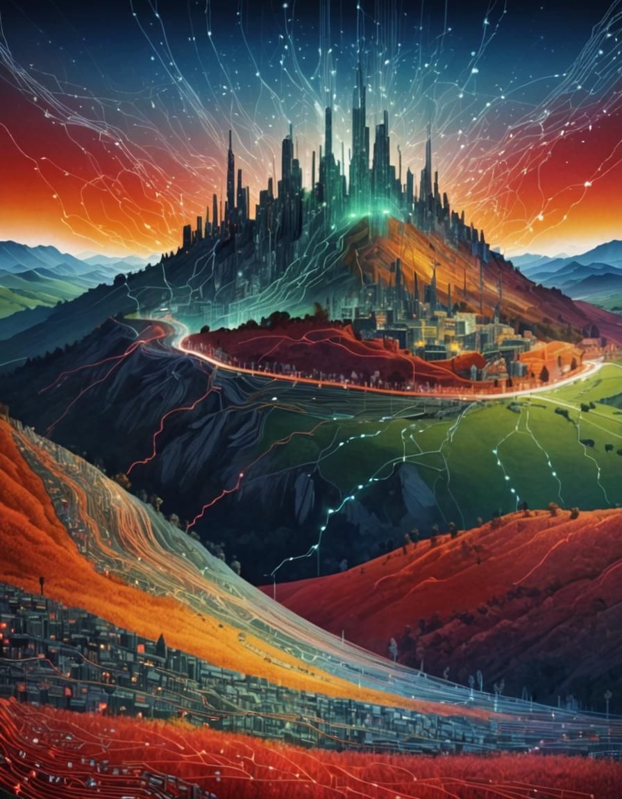 Circuitry Landscape: Surreal Digital Art in Red and Gray