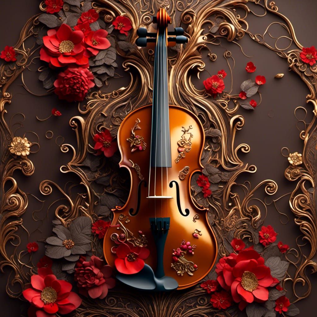 Intricate Floral Violin Fantasy in Brown, Red, and Gold