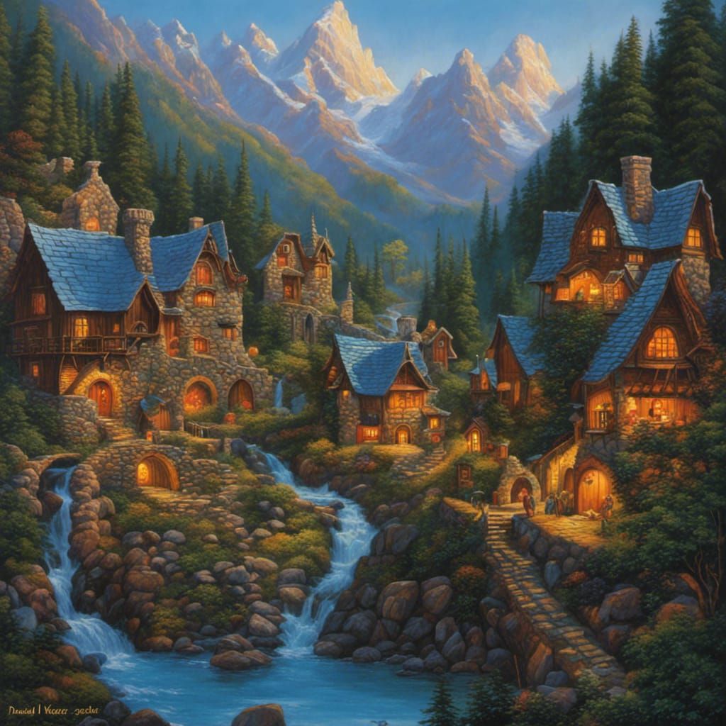 Fantasy Village in Mountains: Detailed Art