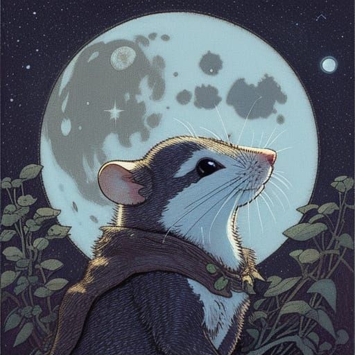 Whimsical Mouse Gazes at Glowing Moon in Naive Art Style