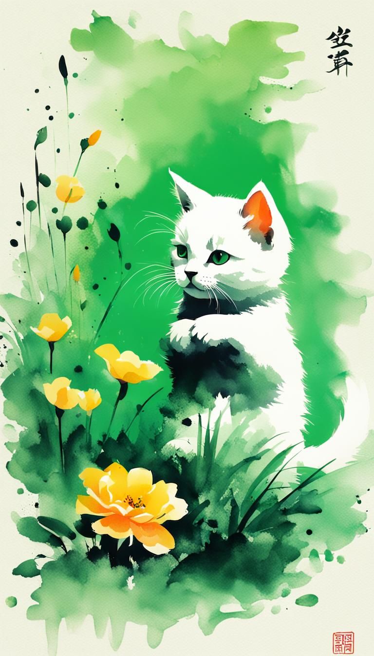 Cute Kitten Plays With Flower: Chinese Ink Painting