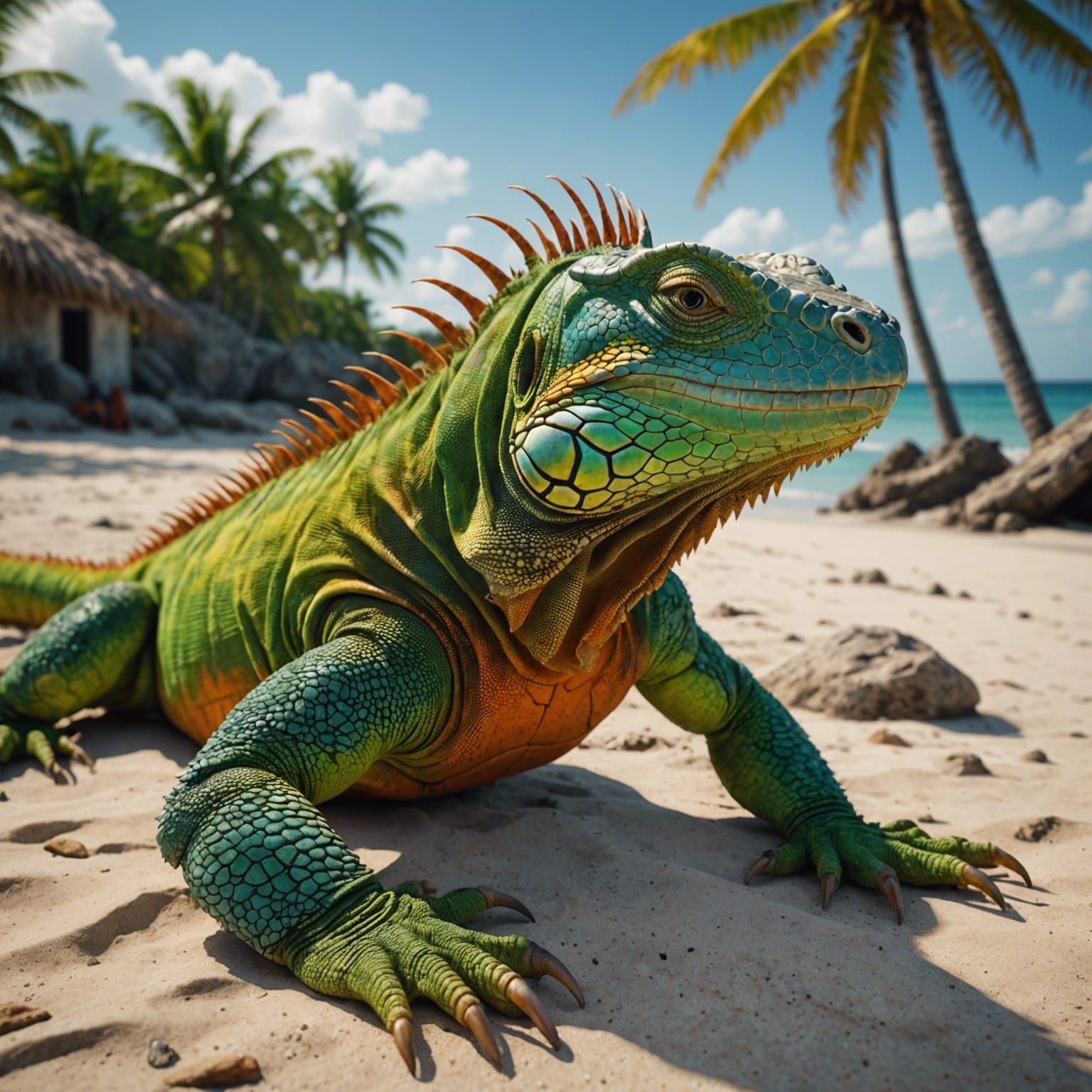 Colorful Iguana on Cuban Shore: Digital Art