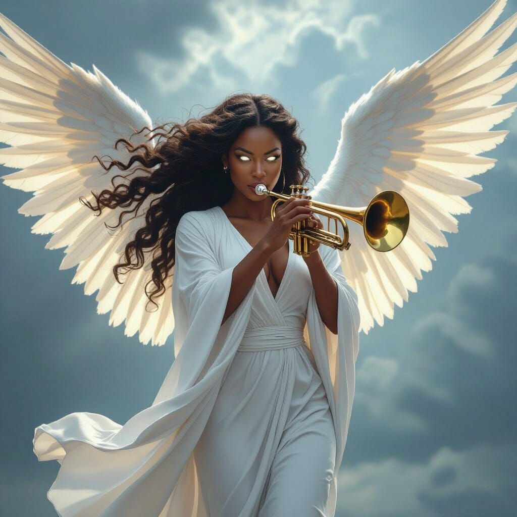 African-American Superheroine with Trumpet and Angelic Wings