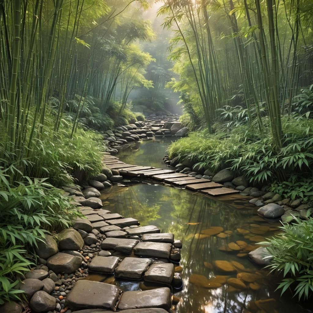 Bamboo Forest Path: Impressionist Landscape in Golden Light