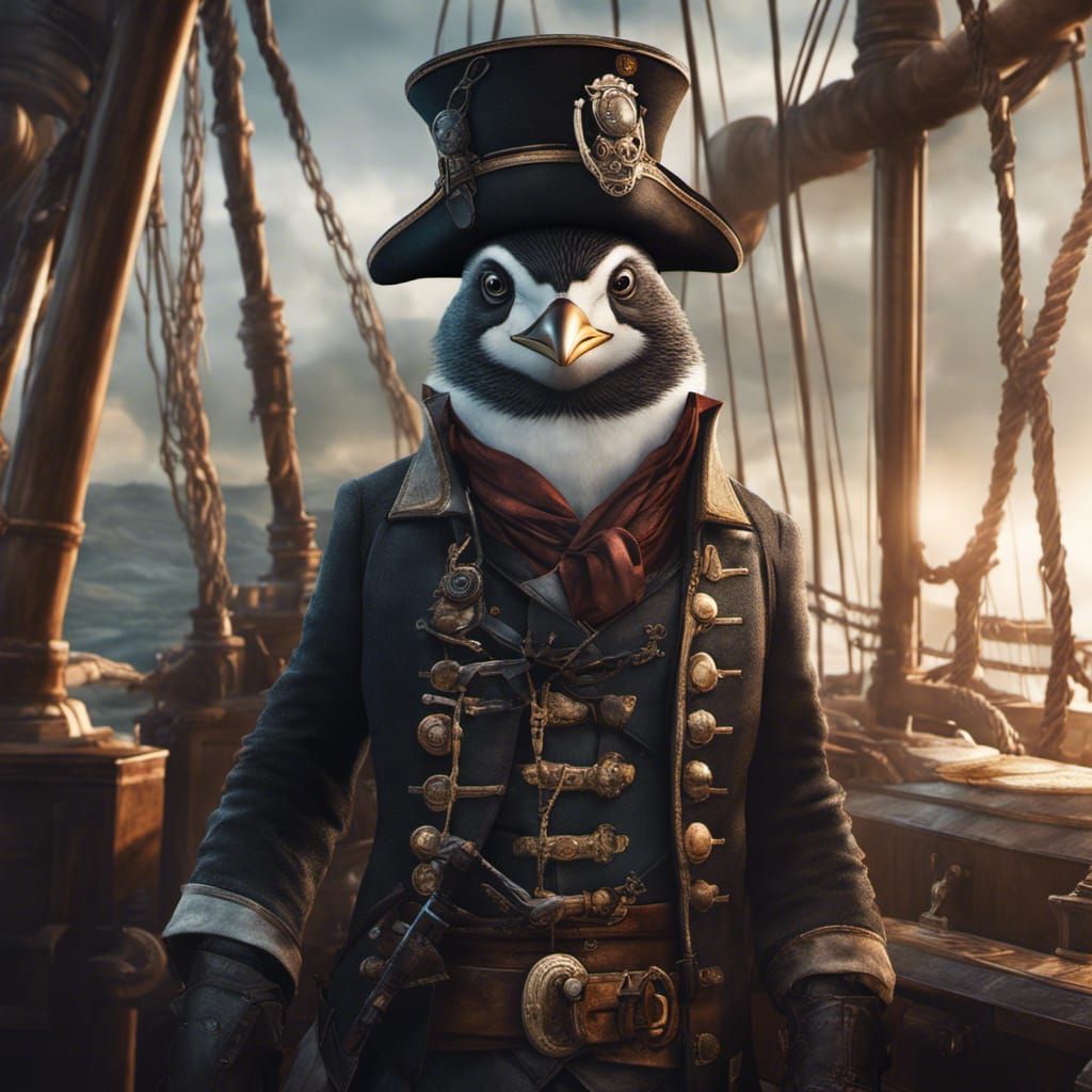 Penguin Pirate Captain on Steampunk Ship