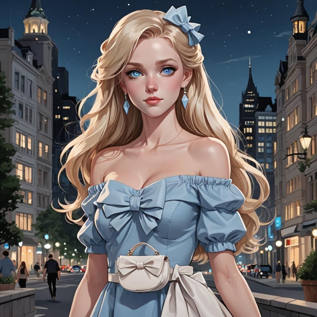 Blonde Woman in Blue Dress Digital Illustration