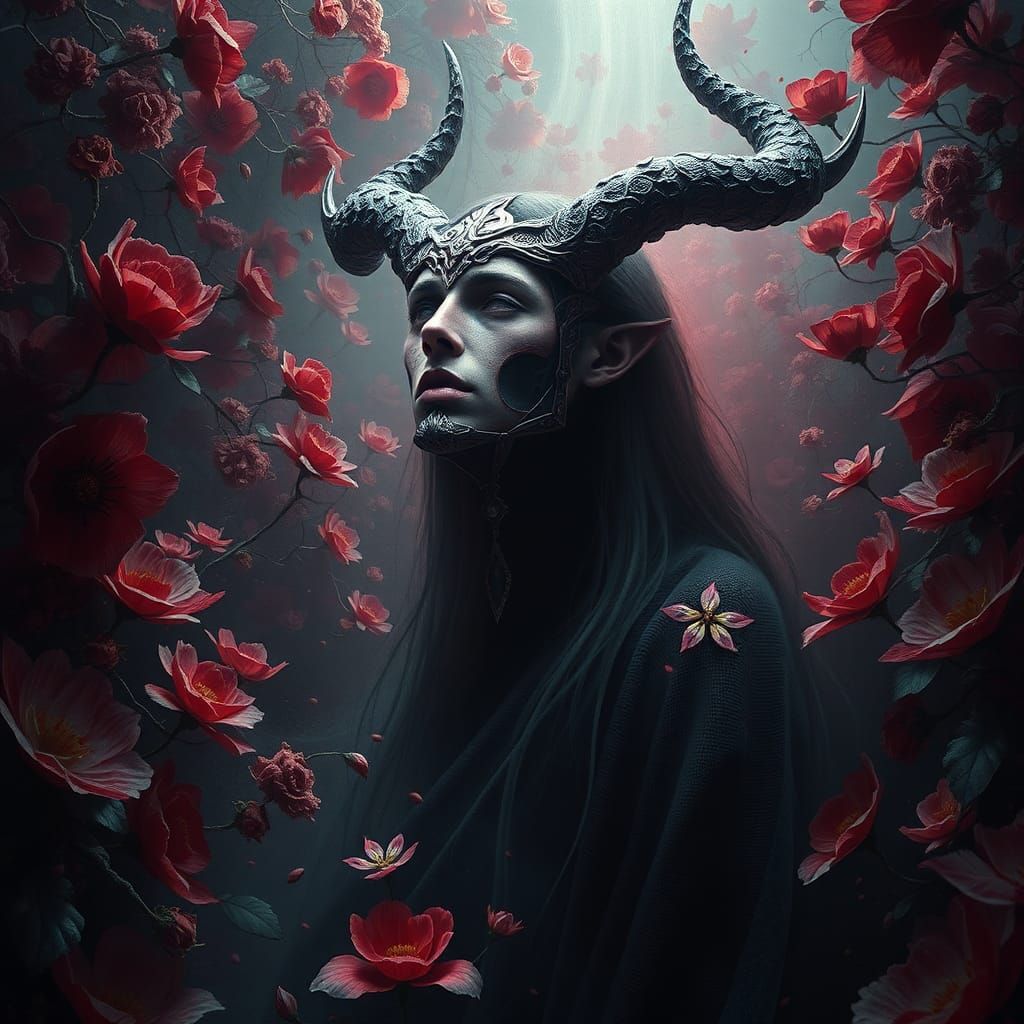 Surreal Figure in Floral Abyss, Matte Painting