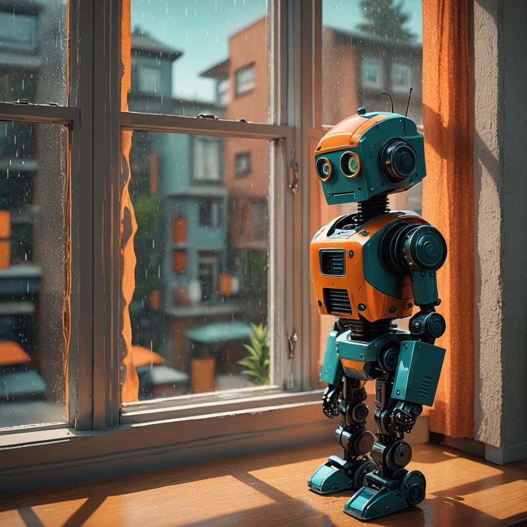 Robot Gazing at Rain in Synthetism Style