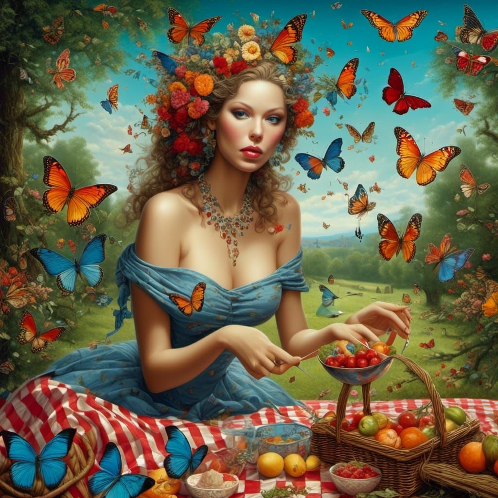 Dreamlike Picnic with Butterfly Swarm