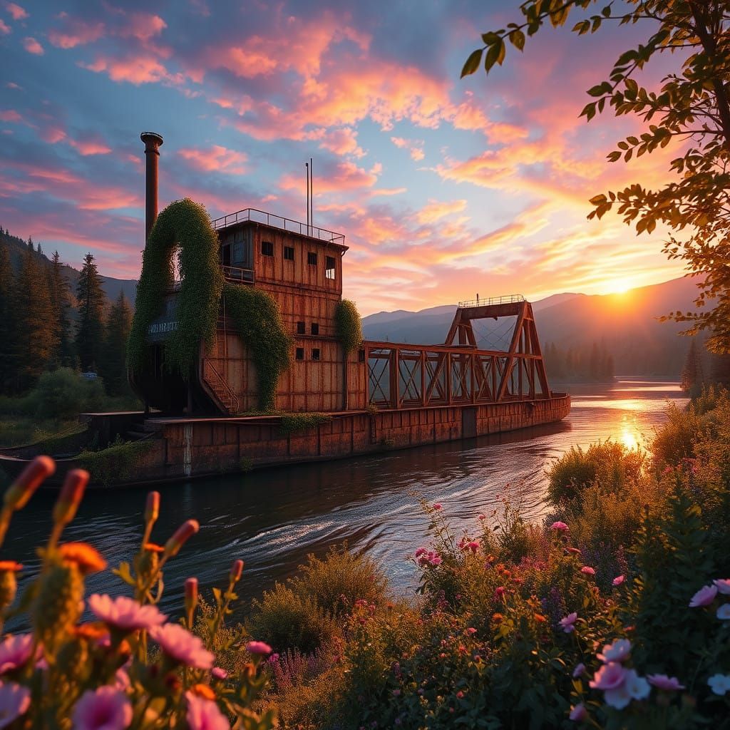 Idaho's Abandoned Mining Dredge Amidst Salmon River's Serene...