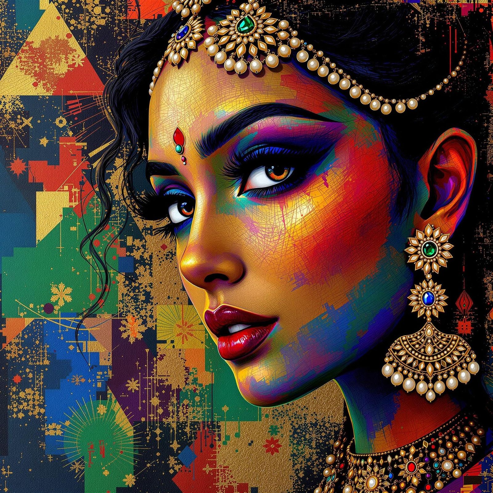Elegant Indian Goddess in Vibrant Abstract Oil Painting