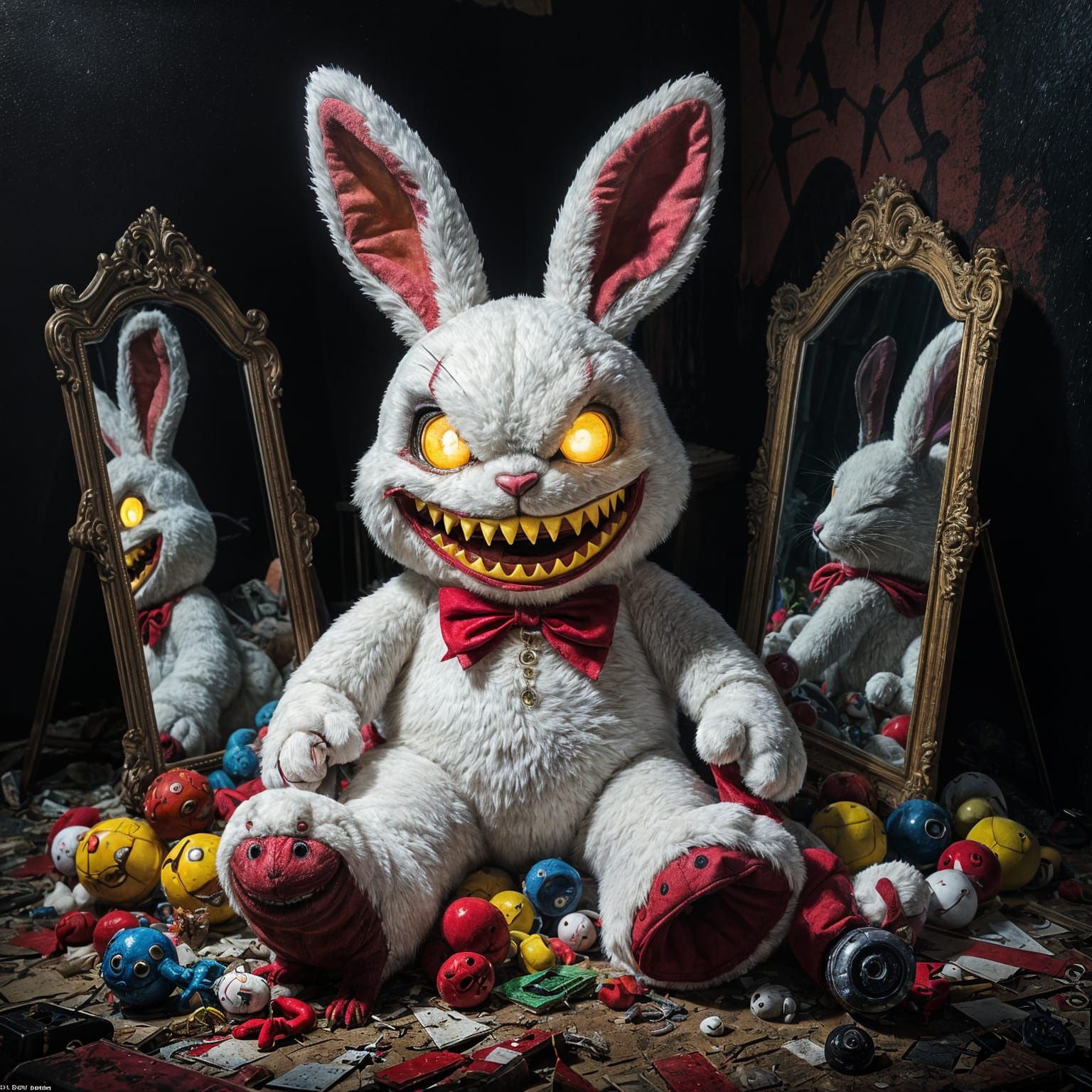 Menacing Plush Rabbit in Abandoned Carnival Funhouse
