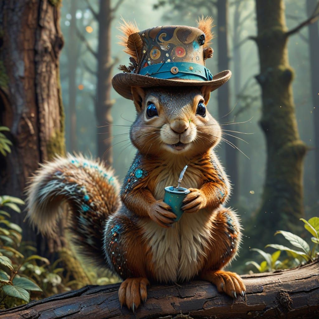 Whimsical Squirrel in Earth-Toned Fedora Sits on Tree Trunk