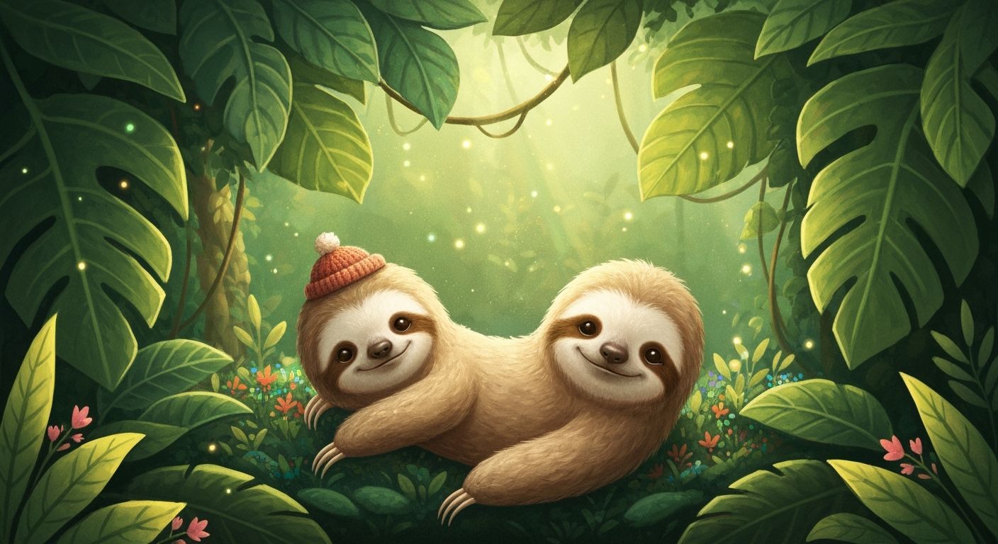 Adorable Sloth in Rainforest Hat, Digital Painting