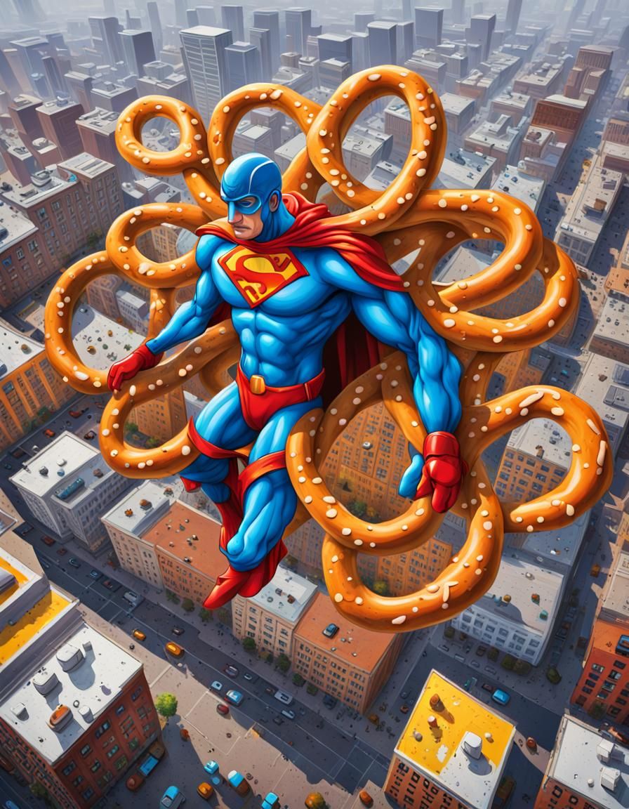 Pretzel Superhero Soars Over Pretzel City