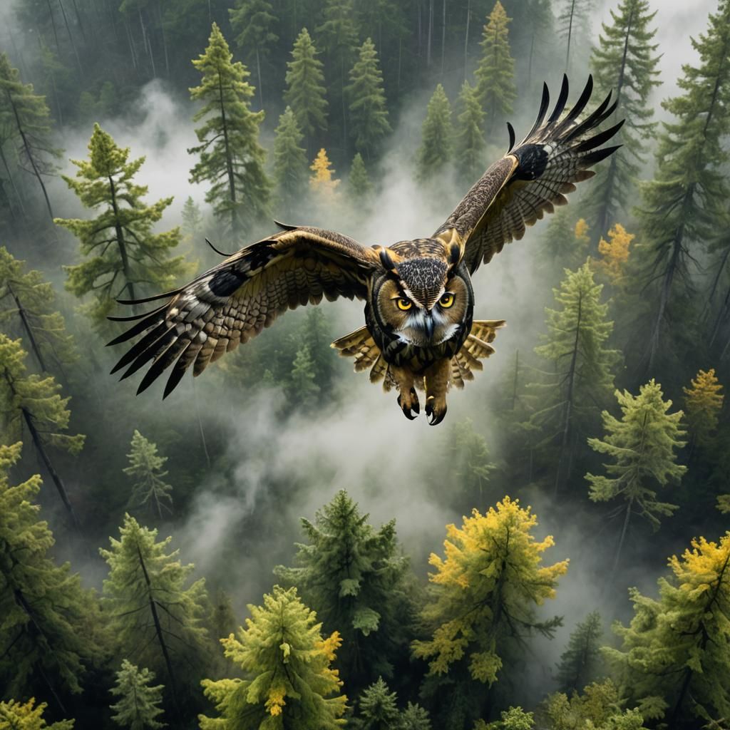 Giant Owl Flight Above Misty Forest, Fantasy Art